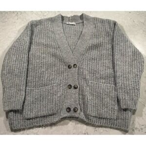Zara Ribbed Knit Cardigan Sweater Womens Small Gray Grandpacore Light Academia